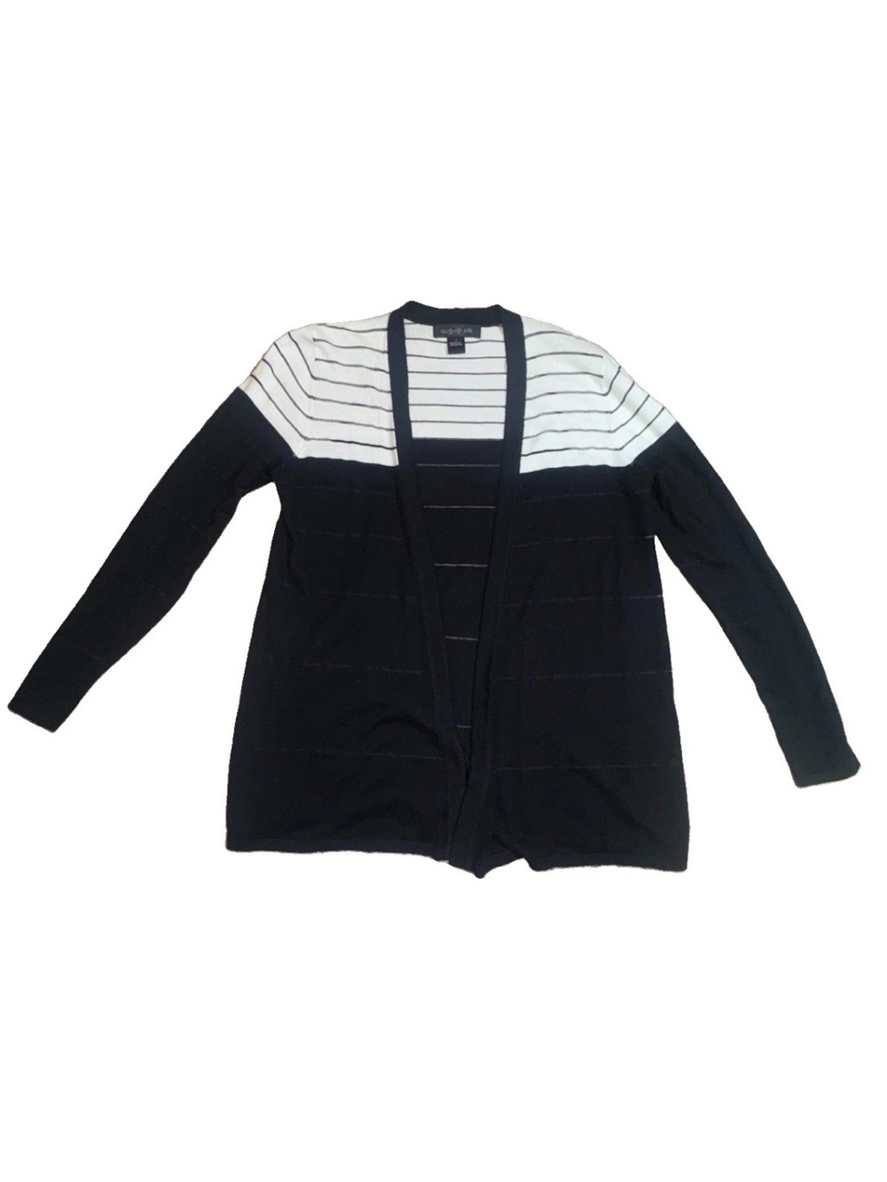 August Silk Women's S Black/White Striped Knit Open Front Long Sleeve Cardigan